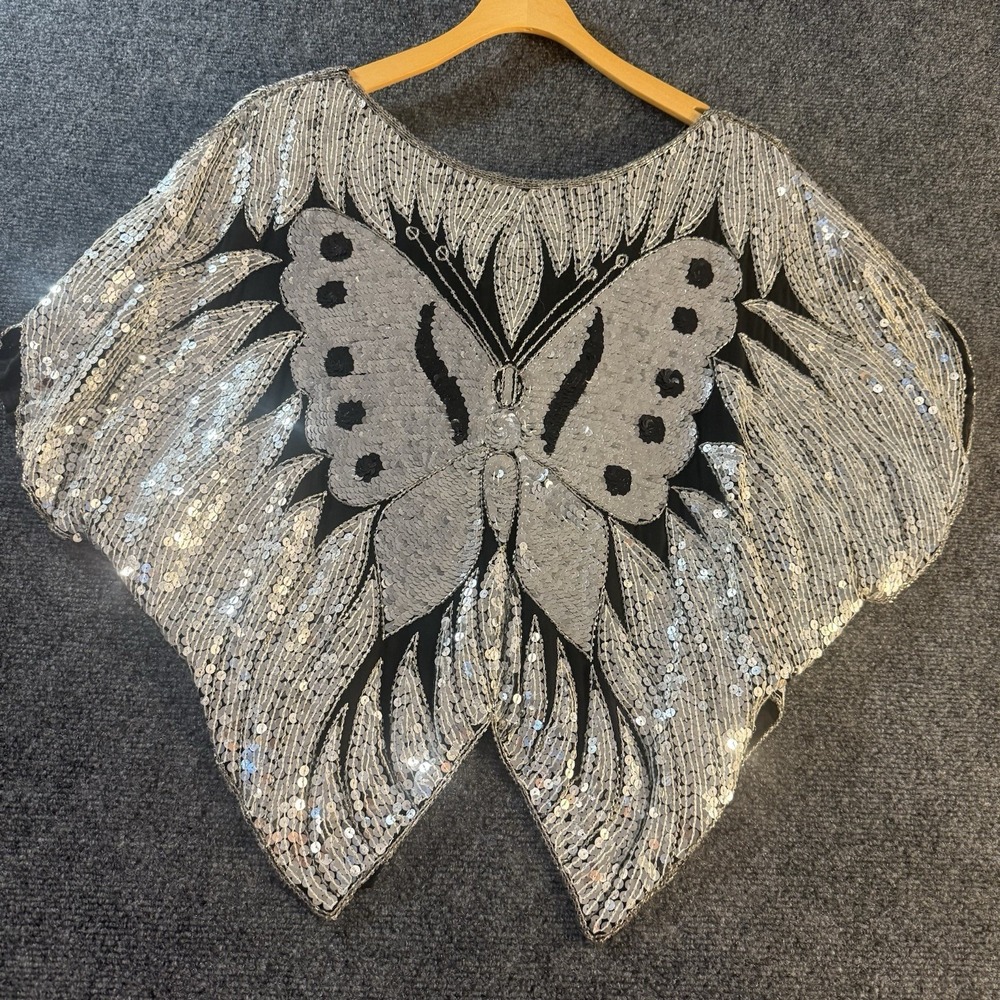 Vintage Silk Beaded Butterfly‎ Top Sequin Black Silver Studio 54 Disco Glam OS